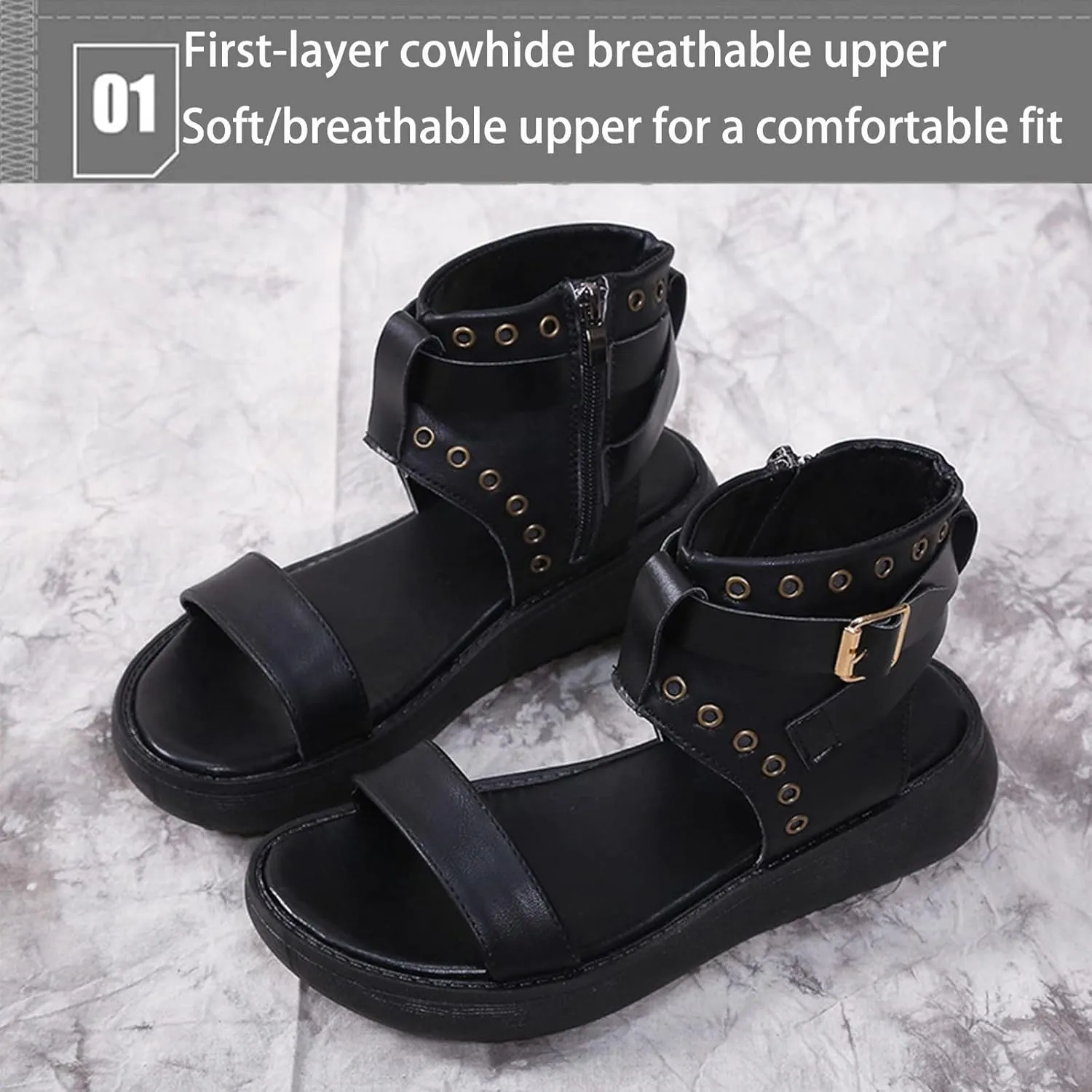 Crepuscute Women's Leather High Top Platform Peep Toe Sandals With Buckle Fashion Adjustable Side Zip Roman Sandals Summer Outdoor Beach Walking Sandals