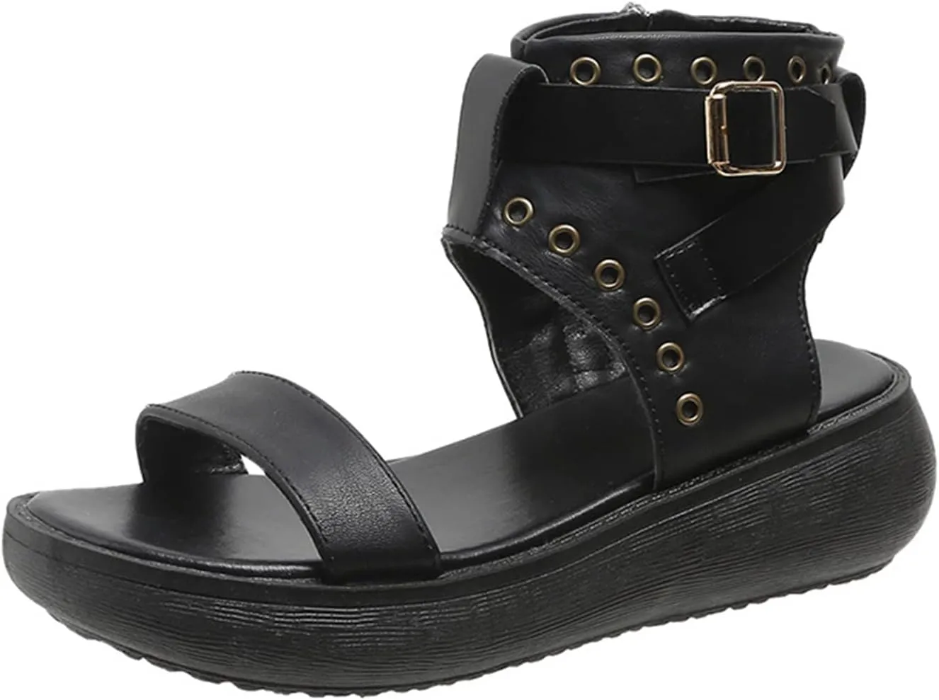 Crepuscute Women's Leather High Top Platform Peep Toe Sandals With Buckle Fashion Adjustable Side Zip Roman Sandals Summer Outdoor Beach Walking Sandals