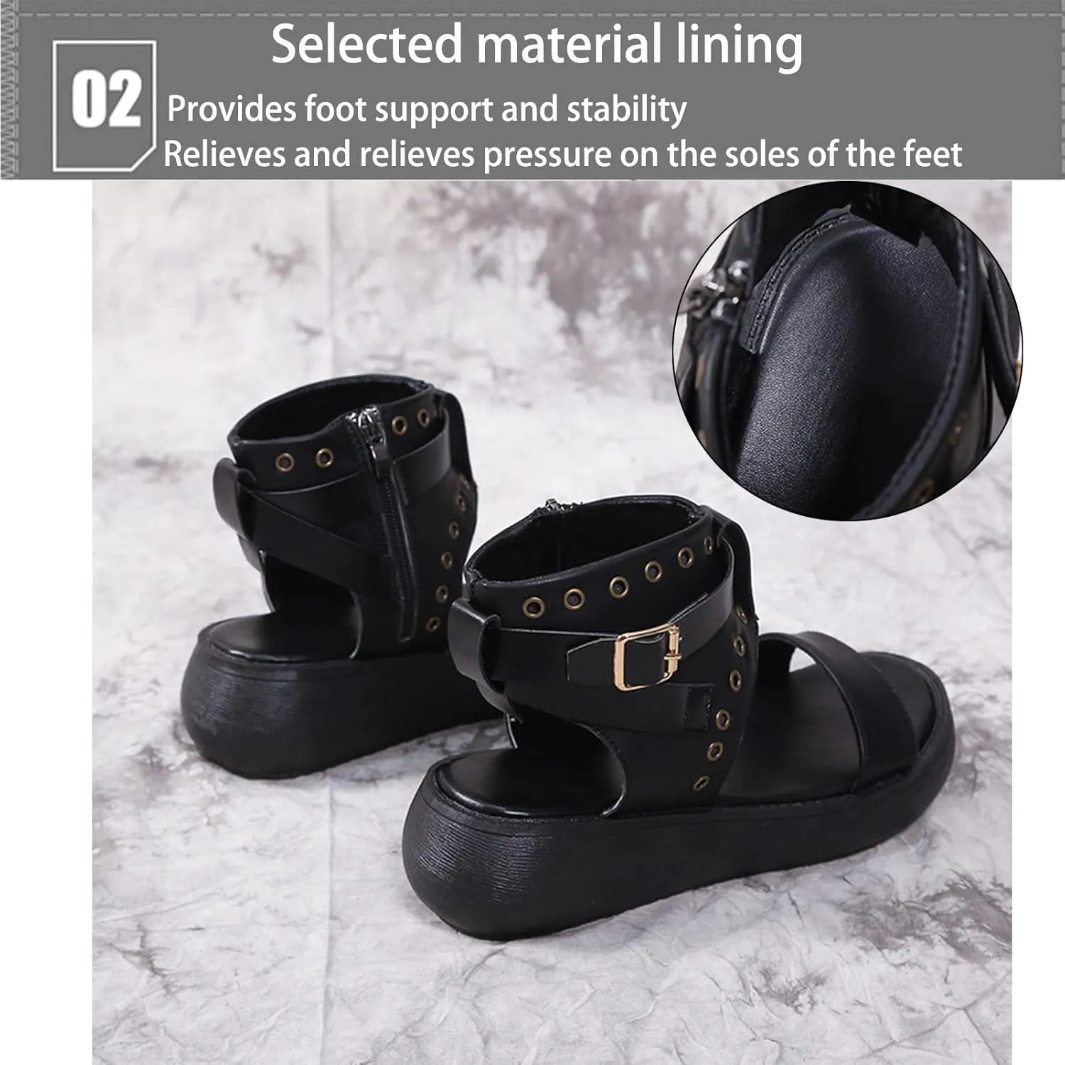 Crepuscute Women's Leather High Top Platform Peep Toe Sandals With Buckle Fashion Adjustable Side Zip Roman Sandals Summer Outdoor Beach Walking Sandals