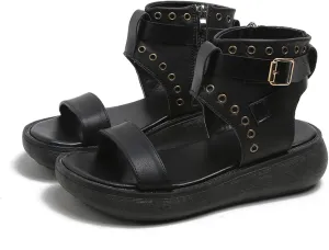 Crepuscute Women's Leather High Top Platform Peep Toe Sandals With Buckle Fashion Adjustable Side Zip Roman Sandals Summer Outdoor Beach Walking Sandals