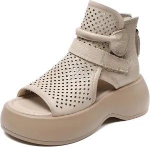 Crepuscute Women's Leather Platform Wedge Sandals Adjustable Open Toe Back Zipper Hook Loop Causal Roman Sandals High Top Round Toe Breathable Walking Dress Shoes