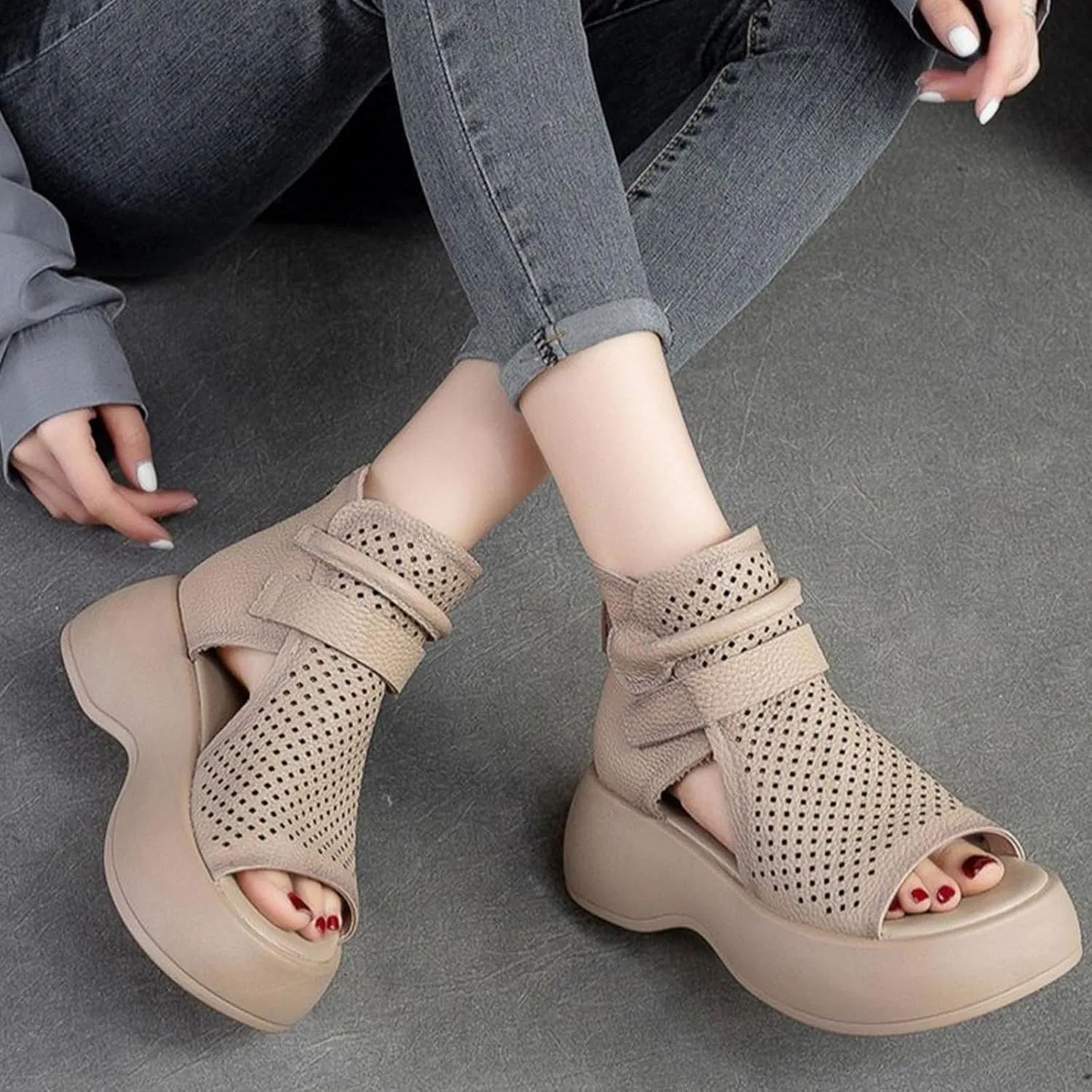 Crepuscute Women's Leather Platform Wedge Sandals Adjustable Open Toe Back Zipper Hook Loop Causal Roman Sandals High Top Round Toe Breathable Walking Dress Shoes