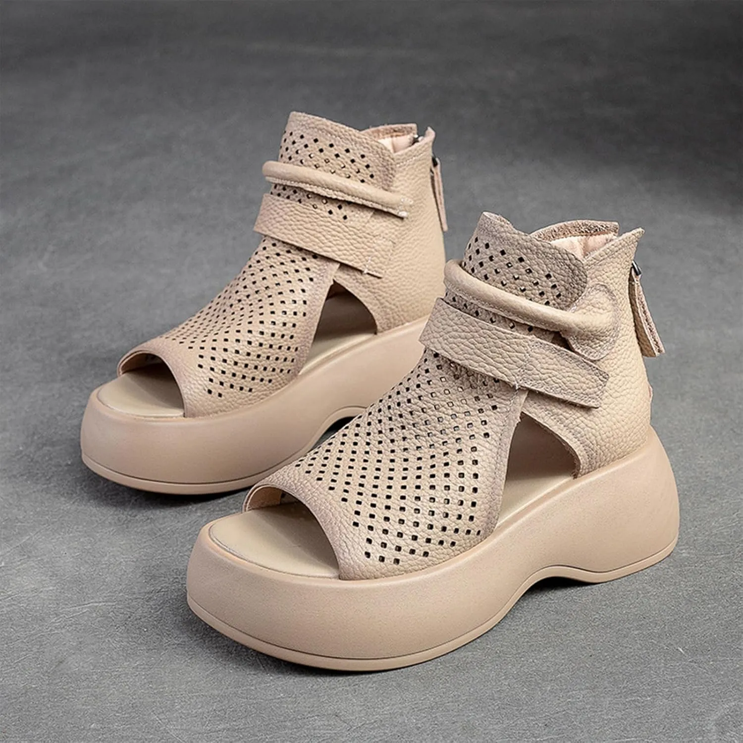 Crepuscute Women's Leather Platform Wedge Sandals Adjustable Open Toe Back Zipper Hook Loop Causal Roman Sandals High Top Round Toe Breathable Walking Dress Shoes