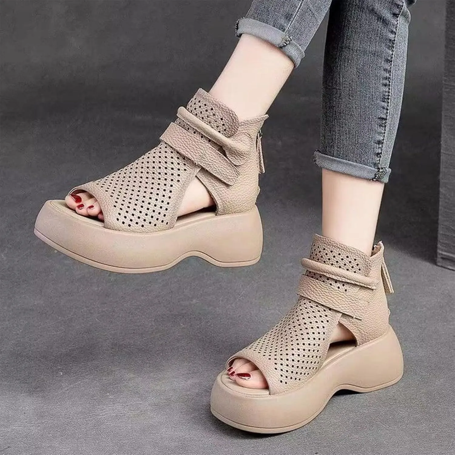 Crepuscute Women's Leather Platform Wedge Sandals Adjustable Open Toe Back Zipper Hook Loop Causal Roman Sandals High Top Round Toe Breathable Walking Dress Shoes