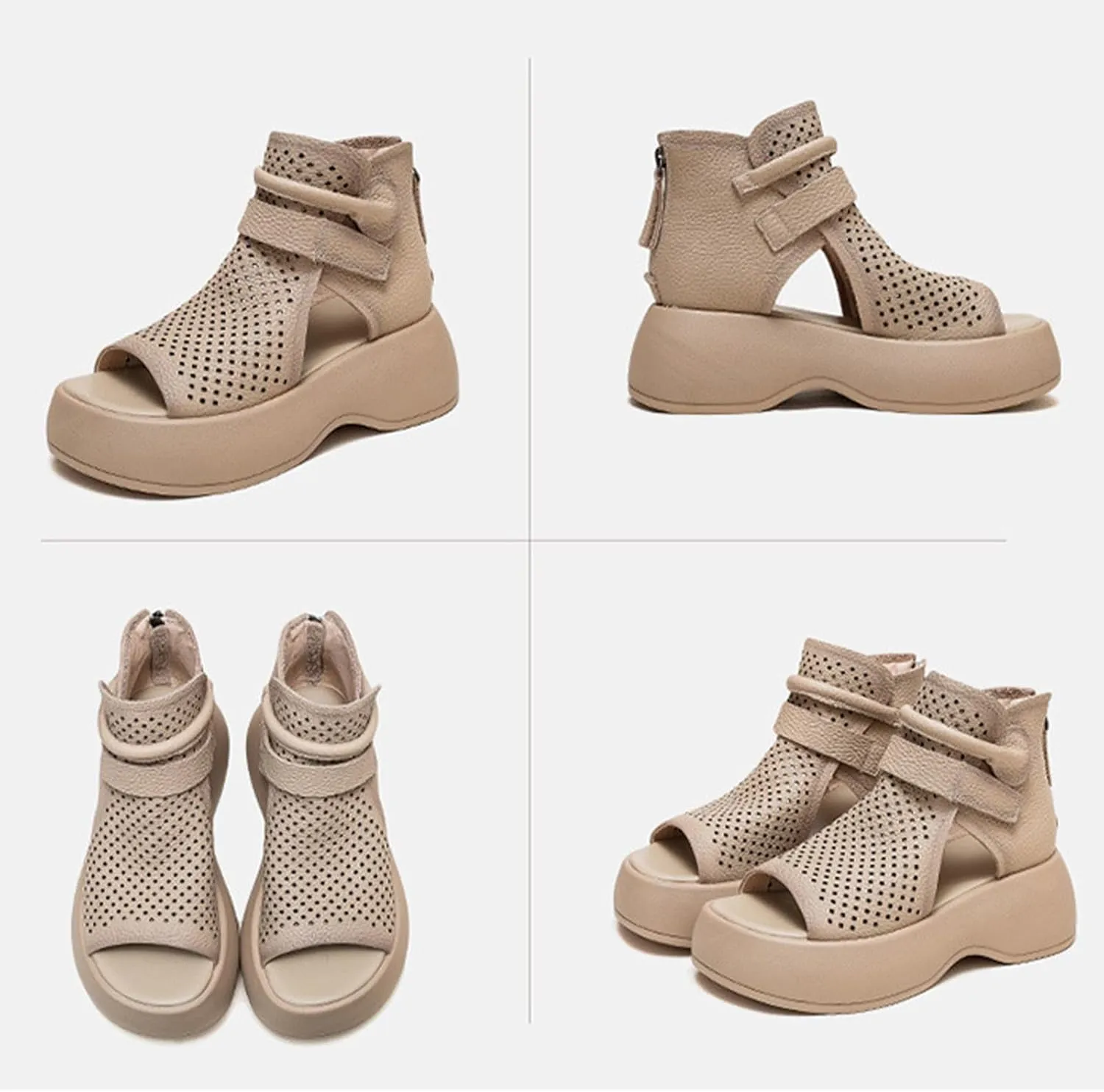 Crepuscute Women's Leather Platform Wedge Sandals Adjustable Open Toe Back Zipper Hook Loop Causal Roman Sandals High Top Round Toe Breathable Walking Dress Shoes