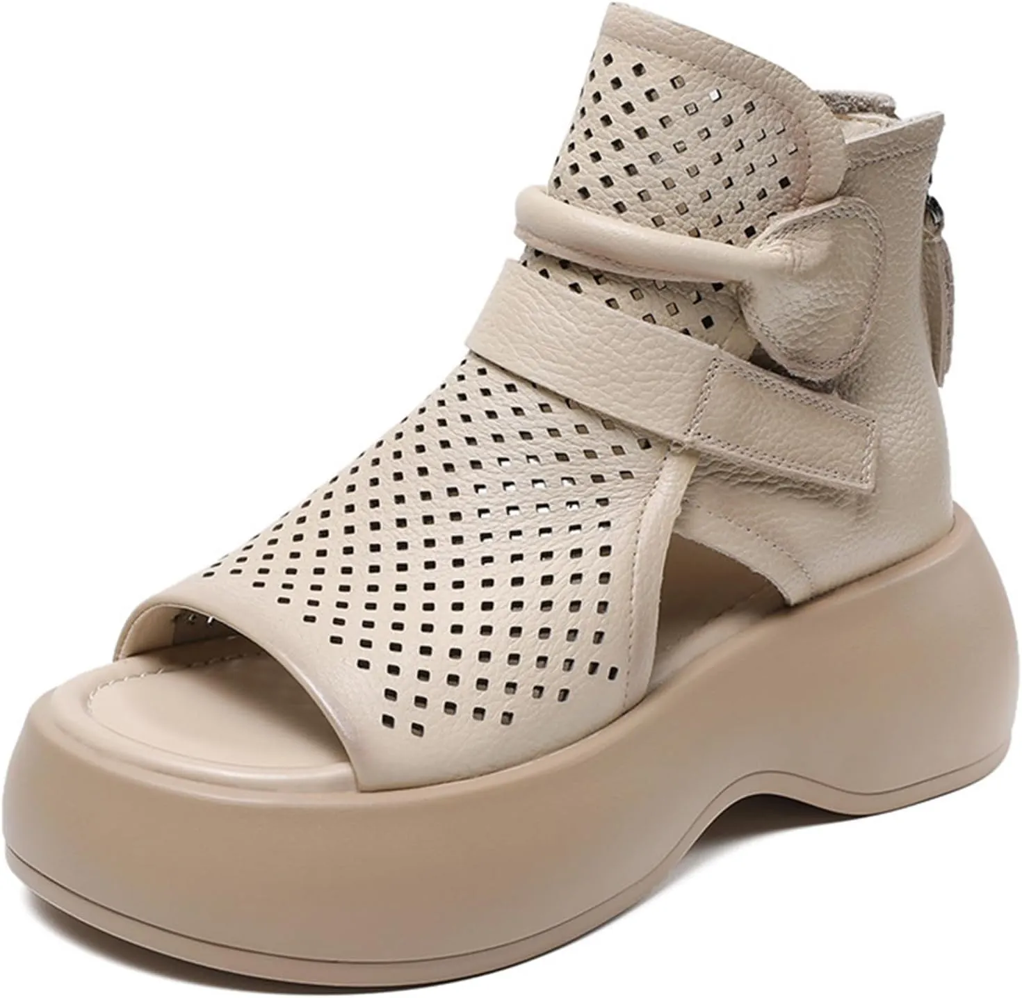 Crepuscute Women's Leather Platform Wedge Sandals Adjustable Open Toe Back Zipper Hook Loop Causal Roman Sandals High Top Round Toe Breathable Walking Dress Shoes