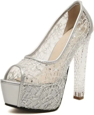 Crystal Heel Sheer Sandals Peep Toe Platform Heels Luxury Romantic Wedding Sandals Women's Sexy Stiletto Mesh Shoes Fashion Dress Shoes (Color : Silver, Shoe Size : 4.5)