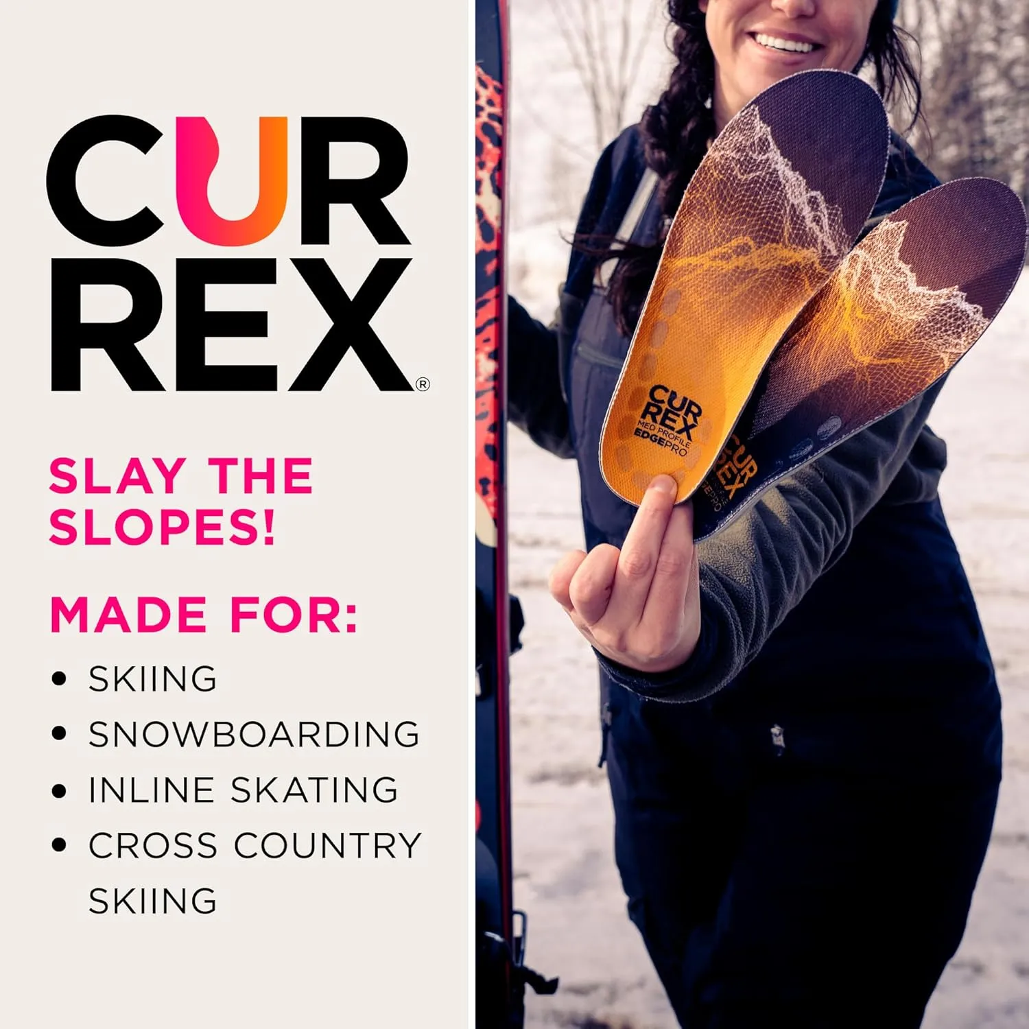 CURREX EdgePro Thermo Regulating Ski Boot Insoles for Snowboarding, Skiing, & Winter Sports – Ski Boot Inserts with Shock Absorbing Cushioning – for Men & Women – Medium Arch, XL