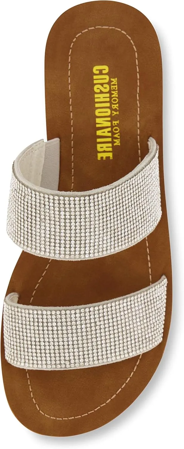 CUSHIONAIRE Women's Alana rhinestone two band slide sandal  Memory Foam