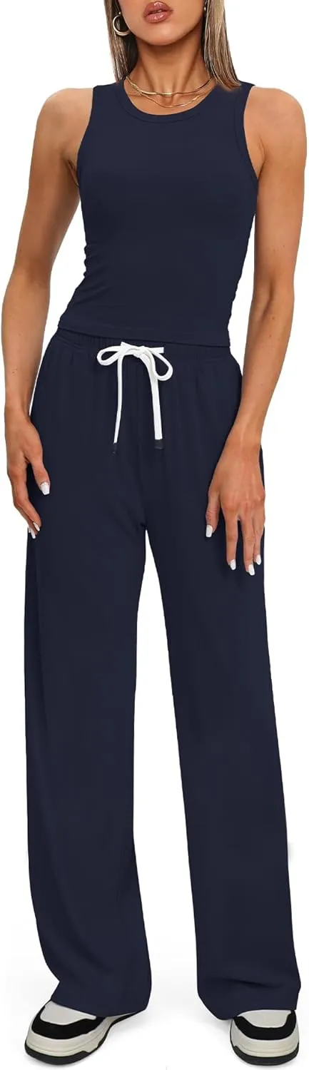 Darong Women's 2 Piece Outfits Lounge Sets Sleeveless Tank Tops Wide Leg Pants Sets Tracksuits Match Sets