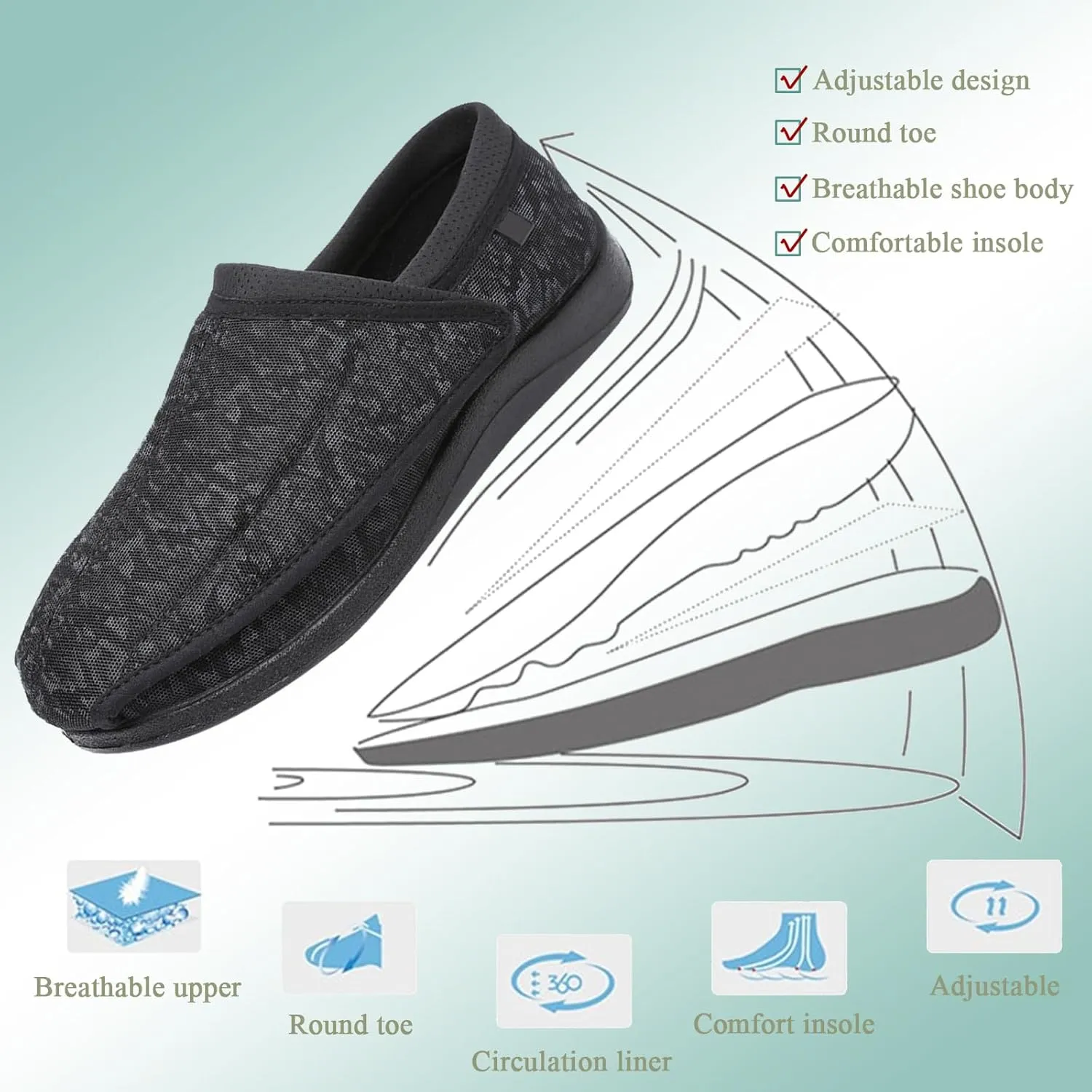 Diabetic Sandals for Women's, Men Adjustable Sandals, Lightweigh Non Slip Slippers, Comfortablet Women's Elderly Sandals for Plantar Fasciitis, Arthritis Edema, 6 Wide