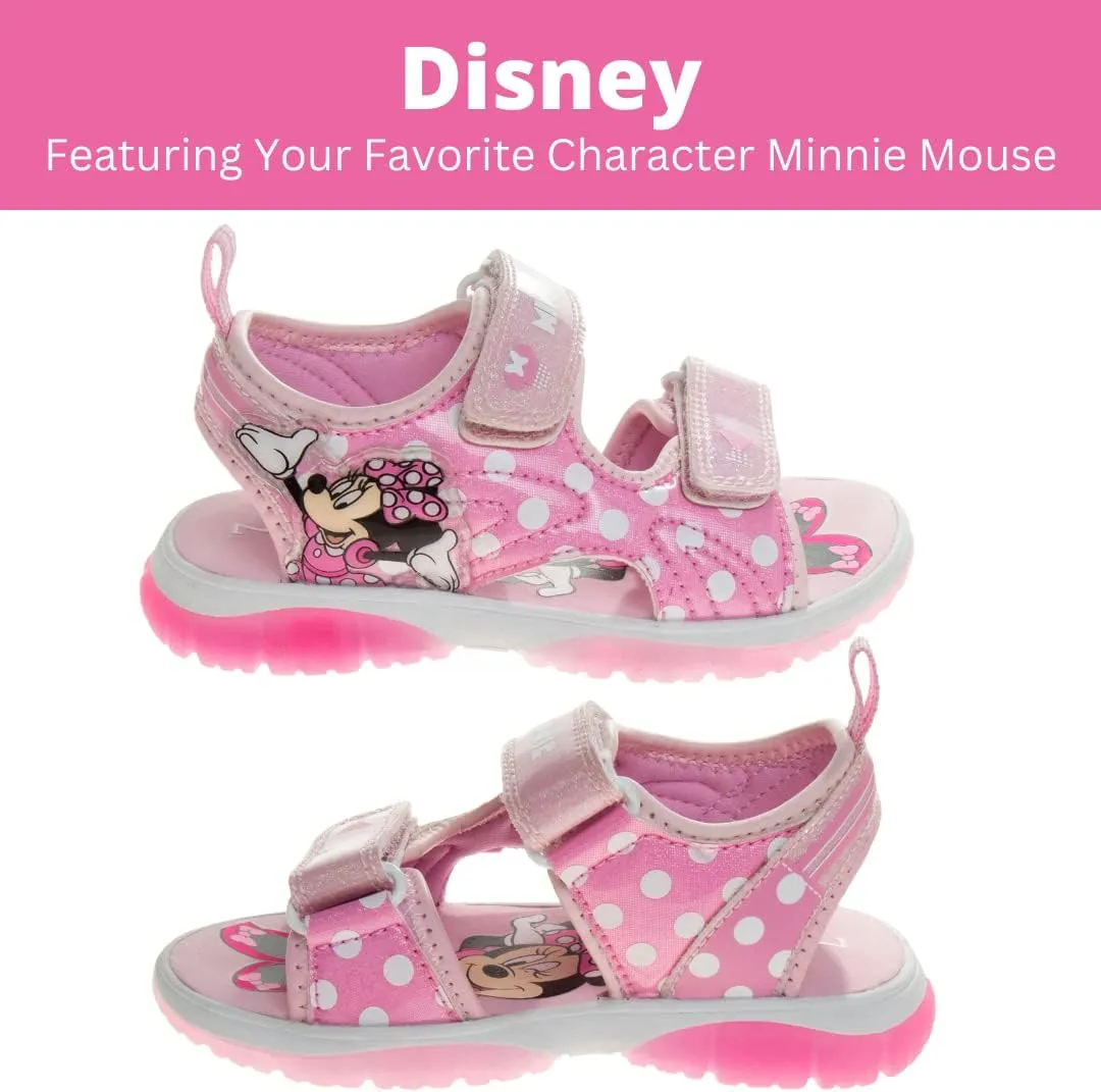 Disney Girls Minnie Mouse Sandals LED Light Up Water Shoes - SlipOn Waterproof Adjustable Strap Character Slides (OpenToe/ClosedToe) (Toddler/Little Kid)