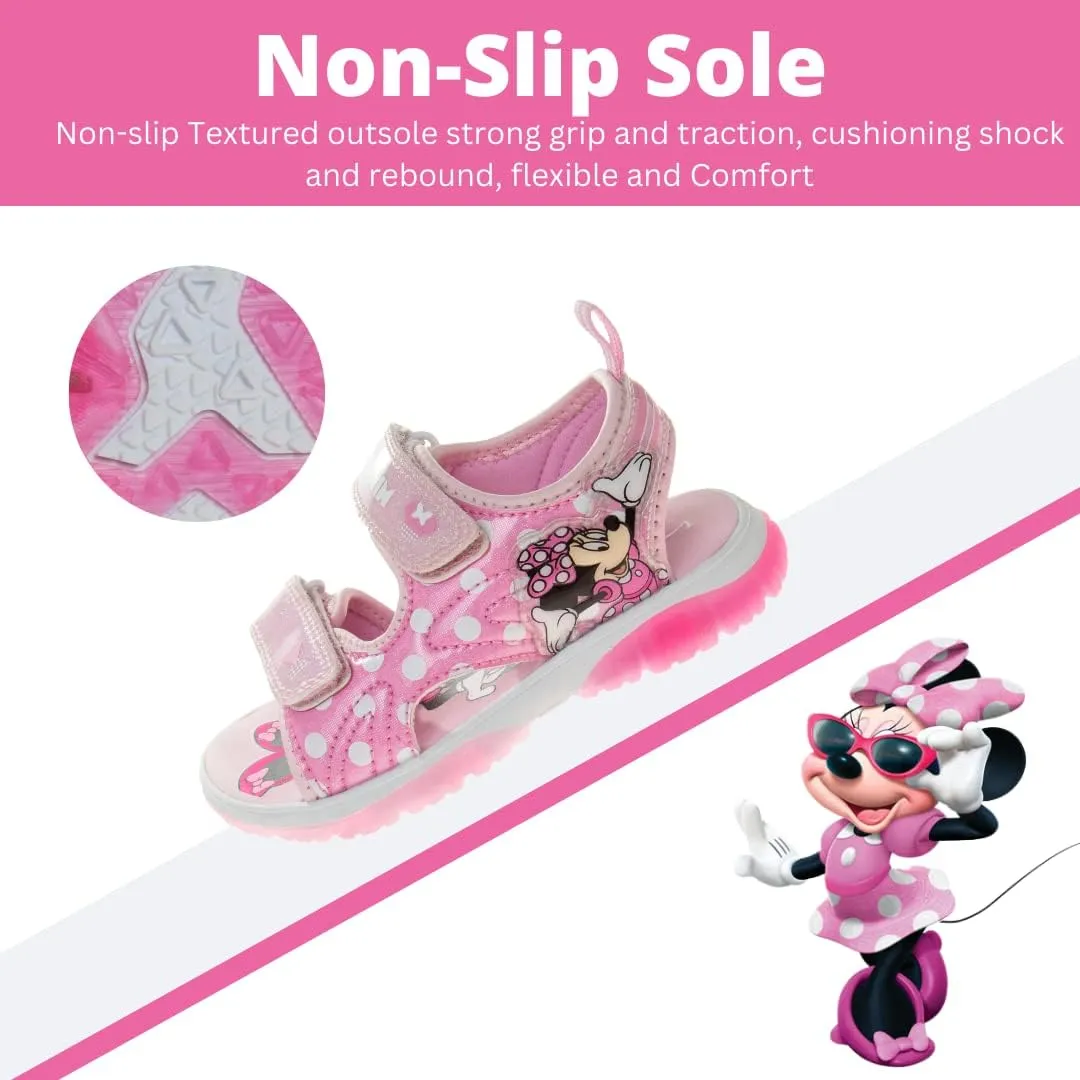 Disney Girls Minnie Mouse Sandals LED Light Up Water Shoes - SlipOn Waterproof Adjustable Strap Character Slides (OpenToe/ClosedToe) (Toddler/Little Kid)