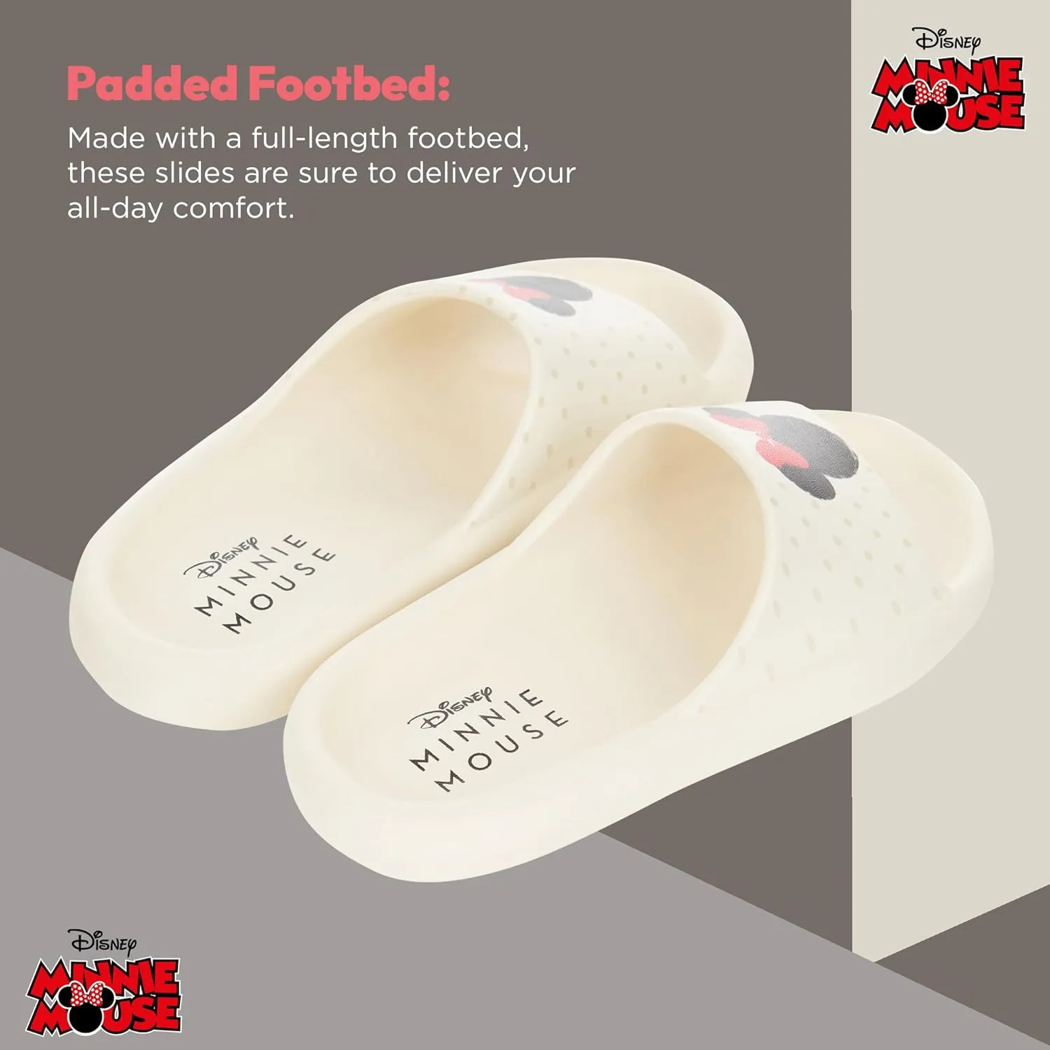 Disney Ladies Minnie and Mickey Slides - Ladies Classic Mickey and Minnie Mouse Comfort Foam Slide Sandals Mickey & Minnie Mouse Slip On Slides