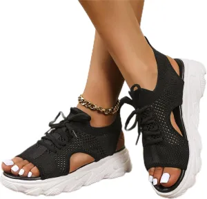 DOIX Women's Sports Thick Sole Sandals Summer Lace Up Mesh Fish Mouth Sandals Casual Platform Wedge Sandals Elastic Slip on Walking Shoes Lightweight Open Toe Sneakers,Black,US9/EU40