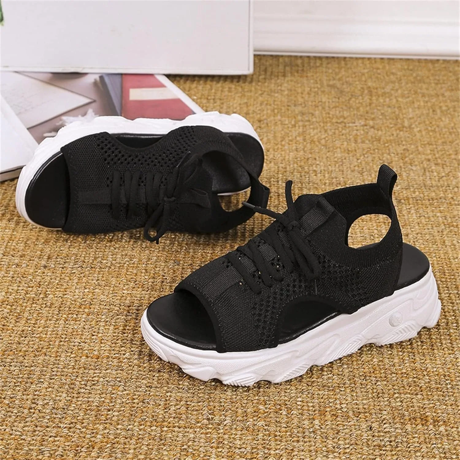 DOIX Women's Sports Thick Sole Sandals Summer Lace Up Mesh Fish Mouth Sandals Casual Platform Wedge Sandals Elastic Slip on Walking Shoes Lightweight Open Toe Sneakers,Black,US9/EU40