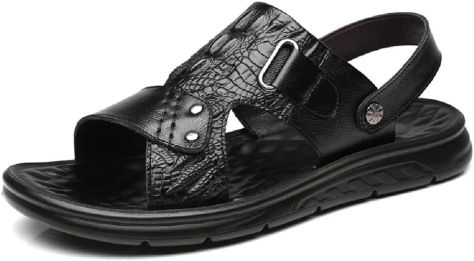 Dual-use Hollow Breathable Men’s Cowhide Sandals, Men's Beach Shoes Sandals Cow Leather Slippers Breathable Dual Purpose Men's Sandals