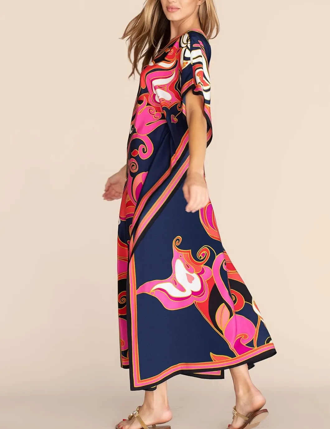 Eddoyee Women Long Print Swimwear Cover Up Sexy V Neck Side Split Beach Caftans Lounge Dresses