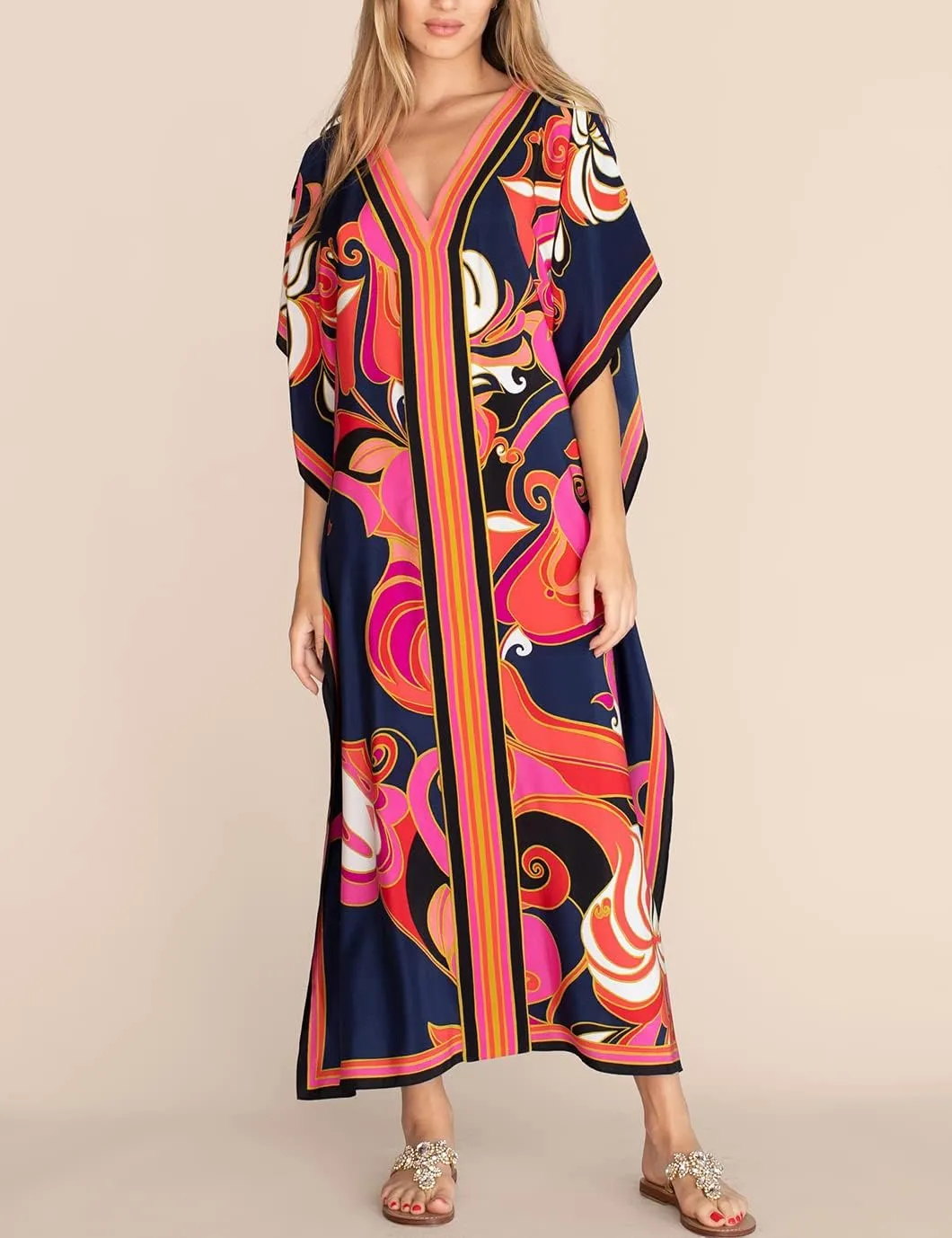 Eddoyee Women Long Print Swimwear Cover Up Sexy V Neck Side Split Beach Caftans Lounge Dresses