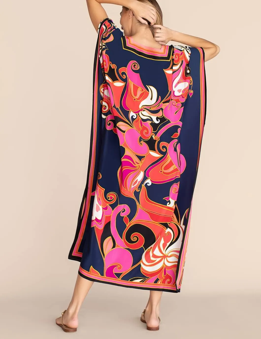 Eddoyee Women Long Print Swimwear Cover Up Sexy V Neck Side Split Beach Caftans Lounge Dresses