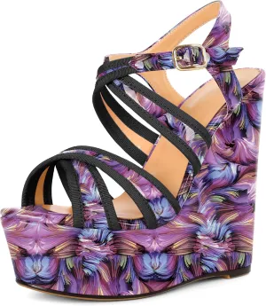 Eldof Women's Wedge Platform Sandals Open Toe Ankle Cross Strap High Heels 6 Inches Party Wedding
