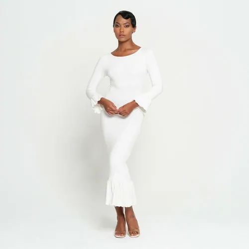 Elegant Ivory Ruffle Sleeve Midi Dress