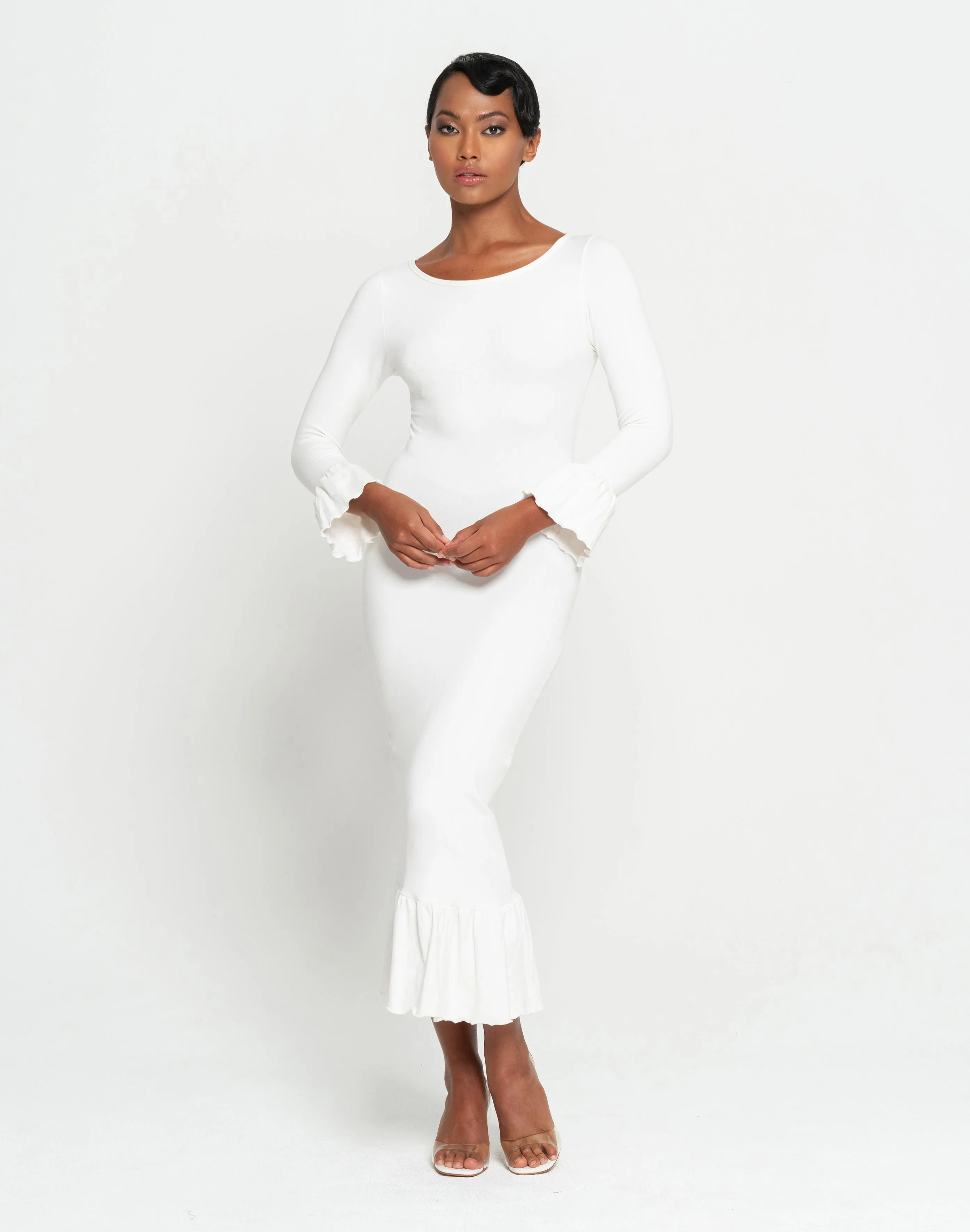 Elegant Ivory Ruffle Sleeve Midi Dress