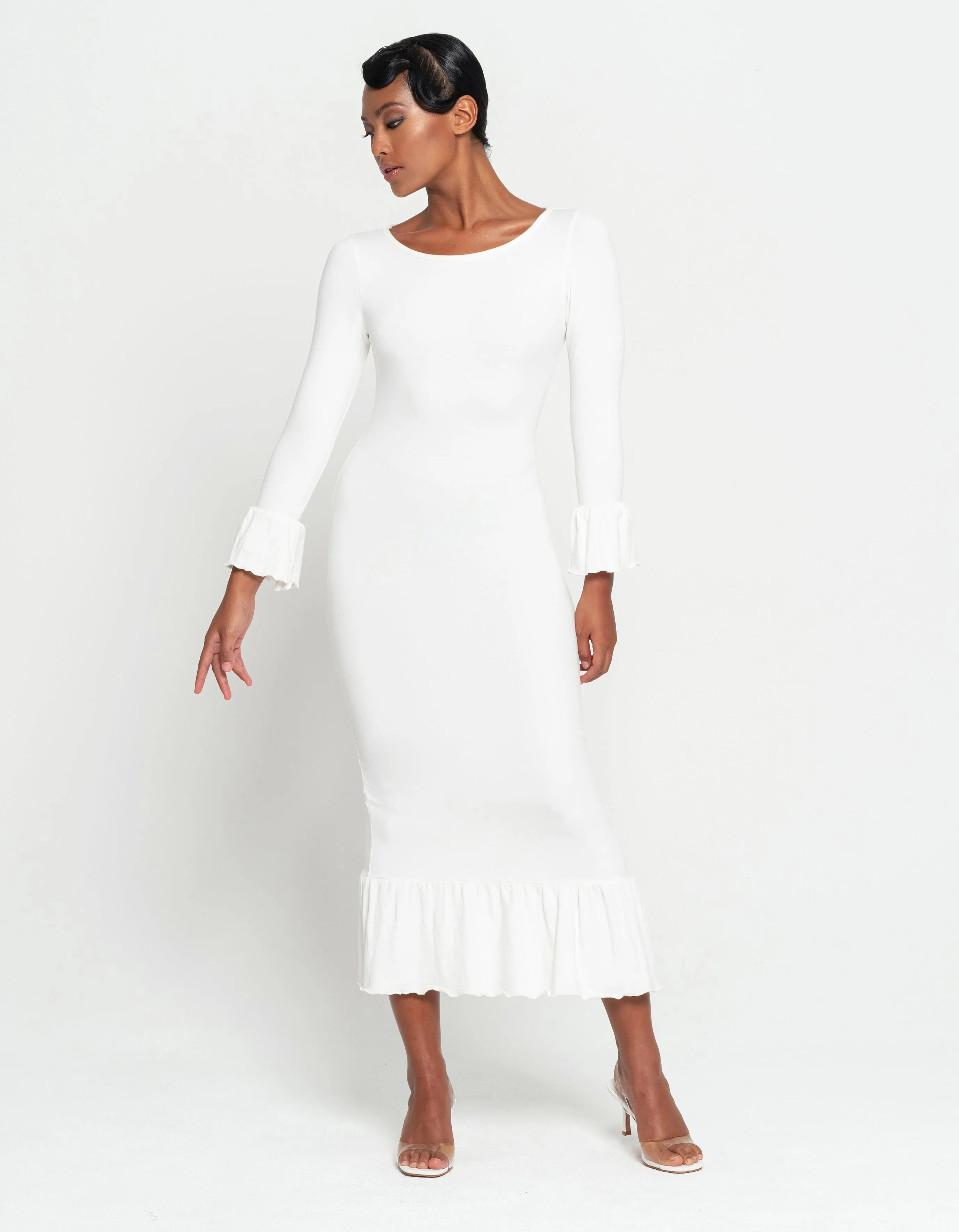 Elegant Ivory Ruffle Sleeve Midi Dress