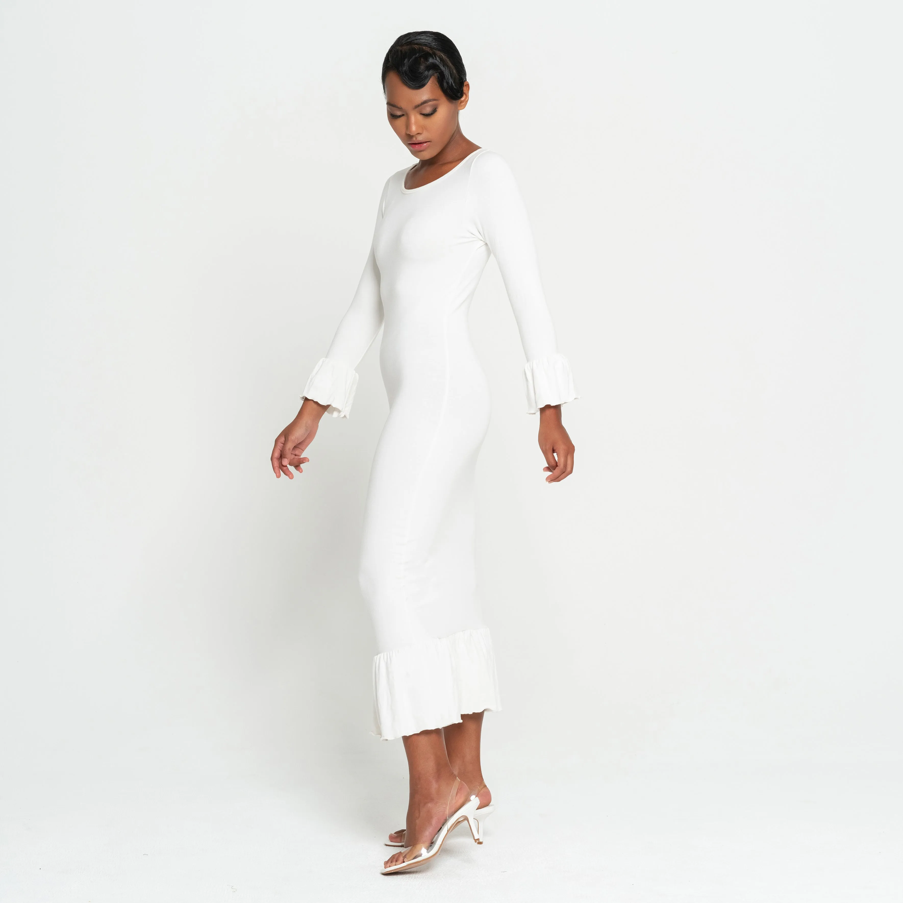 Elegant Ivory Ruffle Sleeve Midi Dress