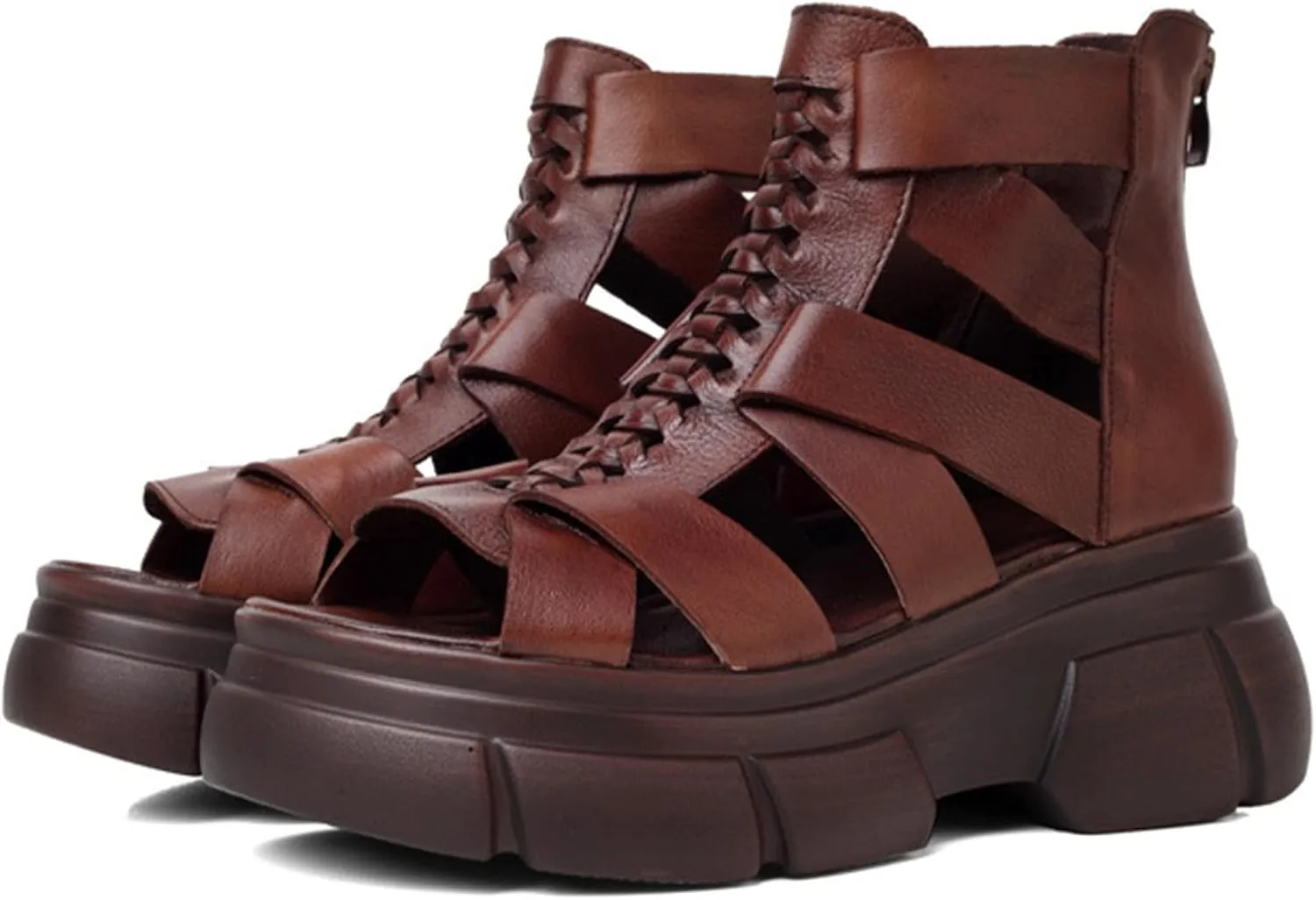 Ephirebra Women's Platform Wedge High Top Gladiator Sandal Adjustable Zipper with Buckle Open Toe Caged Roman Sandals Breathable Round Toe Casual Wedge Heel Dress Shoes