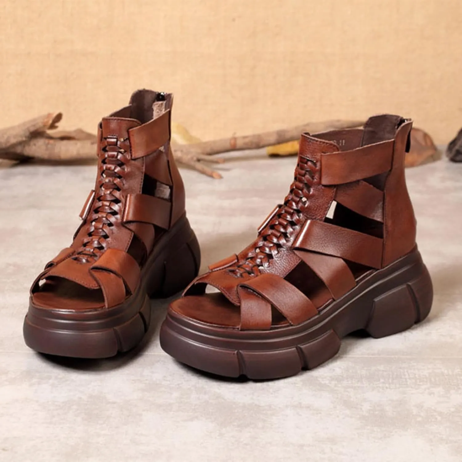 Ephirebra Women's Platform Wedge High Top Gladiator Sandal Adjustable Zipper with Buckle Open Toe Caged Roman Sandals Breathable Round Toe Casual Wedge Heel Dress Shoes