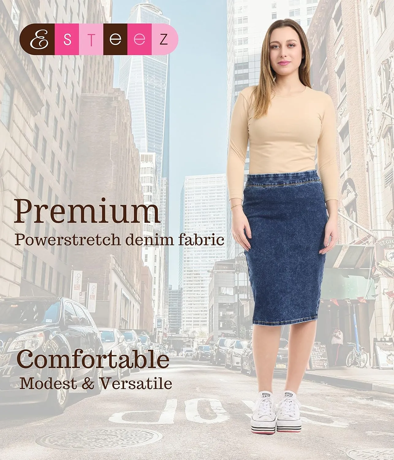 ESTEEZ Womens Jean Pencil Skirt - Pull-On - 4 Way Stretch Denim 'Venice'