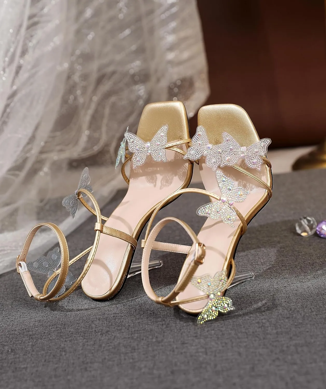 Esvowido High Heel Sandals for Women, Ankle Strap Butterfly Strappy Open Toe High Heels, Square Toe Clear Stiletto Heeled Sandals, Butterfly Heels 4 Inches