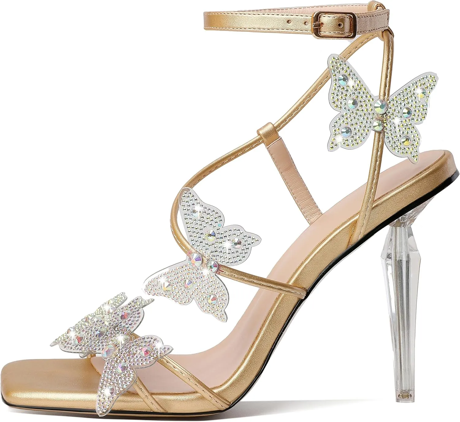 Esvowido High Heel Sandals for Women, Ankle Strap Butterfly Strappy Open Toe High Heels, Square Toe Clear Stiletto Heeled Sandals, Butterfly Heels 4 Inches