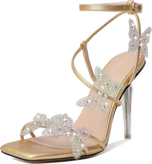 Esvowido High Heel Sandals for Women, Ankle Strap Butterfly Strappy Open Toe High Heels, Square Toe Clear Stiletto Heeled Sandals, Butterfly Heels 4 Inches