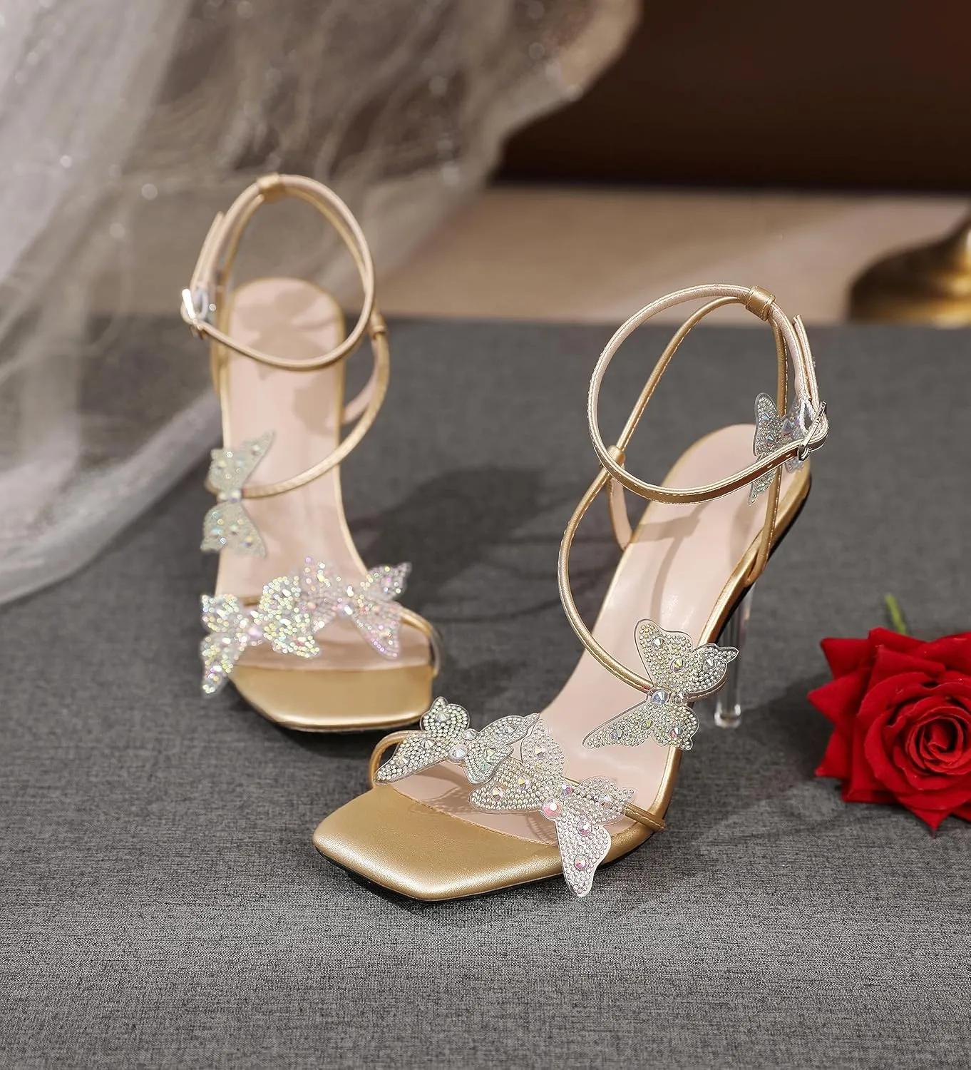 Esvowido High Heel Sandals for Women, Ankle Strap Butterfly Strappy Open Toe High Heels, Square Toe Clear Stiletto Heeled Sandals, Butterfly Heels 4 Inches