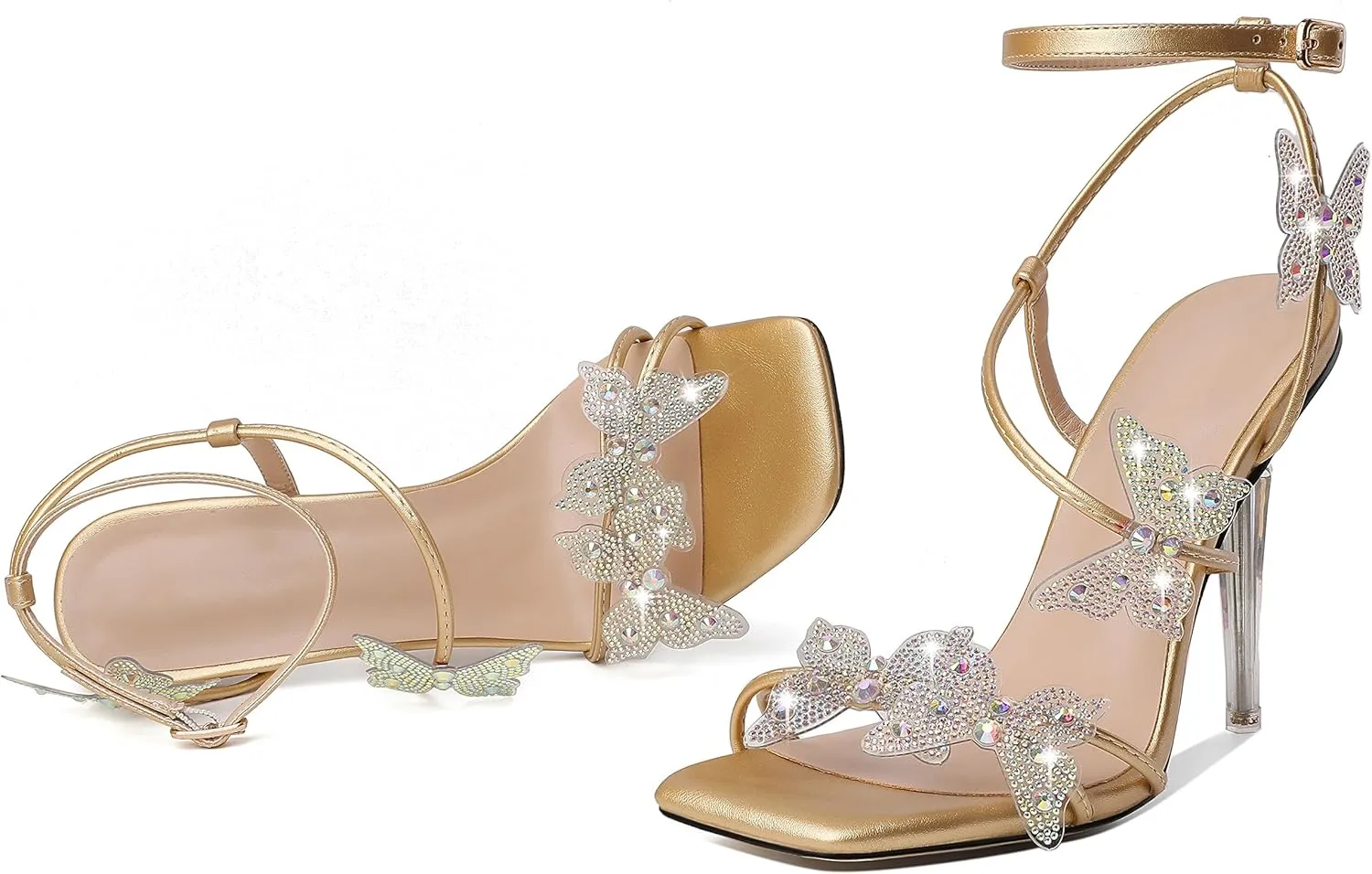 Esvowido High Heel Sandals for Women, Ankle Strap Butterfly Strappy Open Toe High Heels, Square Toe Clear Stiletto Heeled Sandals, Butterfly Heels 4 Inches