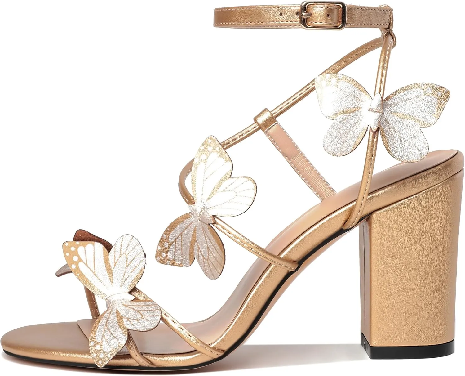 Esvowido Women's Chunky Heeled Sandals, Strappy Open Toe Butterfly Heels, Ankle Strap Block High Heel Sandals 3.5 Inches