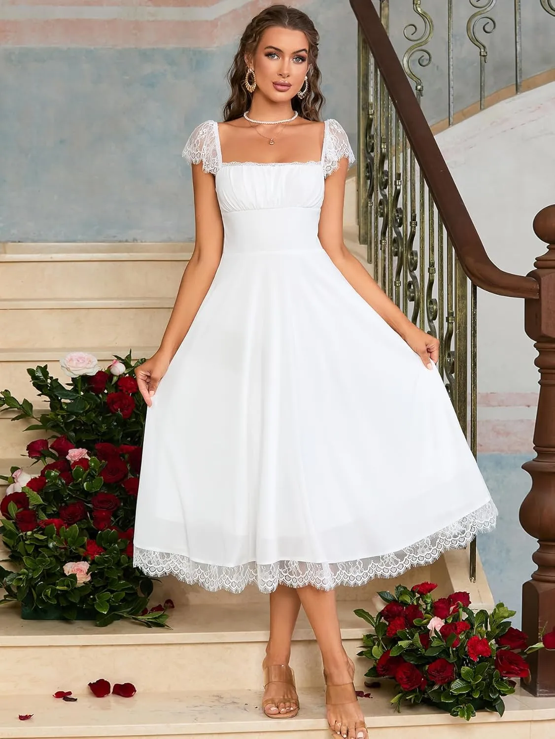 EYNMIN Lace Strap Chiffon Dresses for Women Casaul Flowy A Line Midi Tea Party Dress