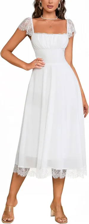 EYNMIN Lace Strap Chiffon Dresses for Women Casaul Flowy A Line Midi Tea Party Dress
