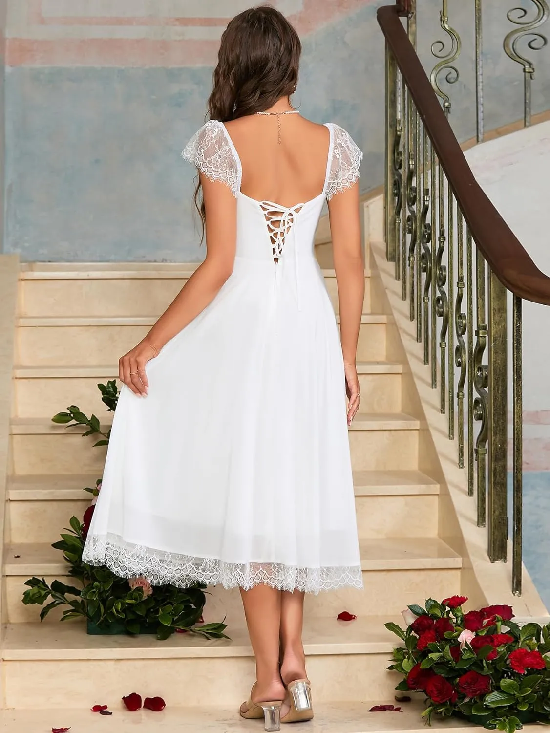 EYNMIN Lace Strap Chiffon Dresses for Women Casaul Flowy A Line Midi Tea Party Dress