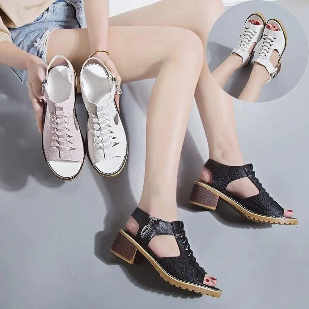 FETNHU Libiyi Peep Toe Cutout Zipper Chunky Heeled Sandals, Women's Shoeshome Comfy Orthotic Sandals, Breathable Fish Mouth Outdoor Casual Beach High Heels Sandal