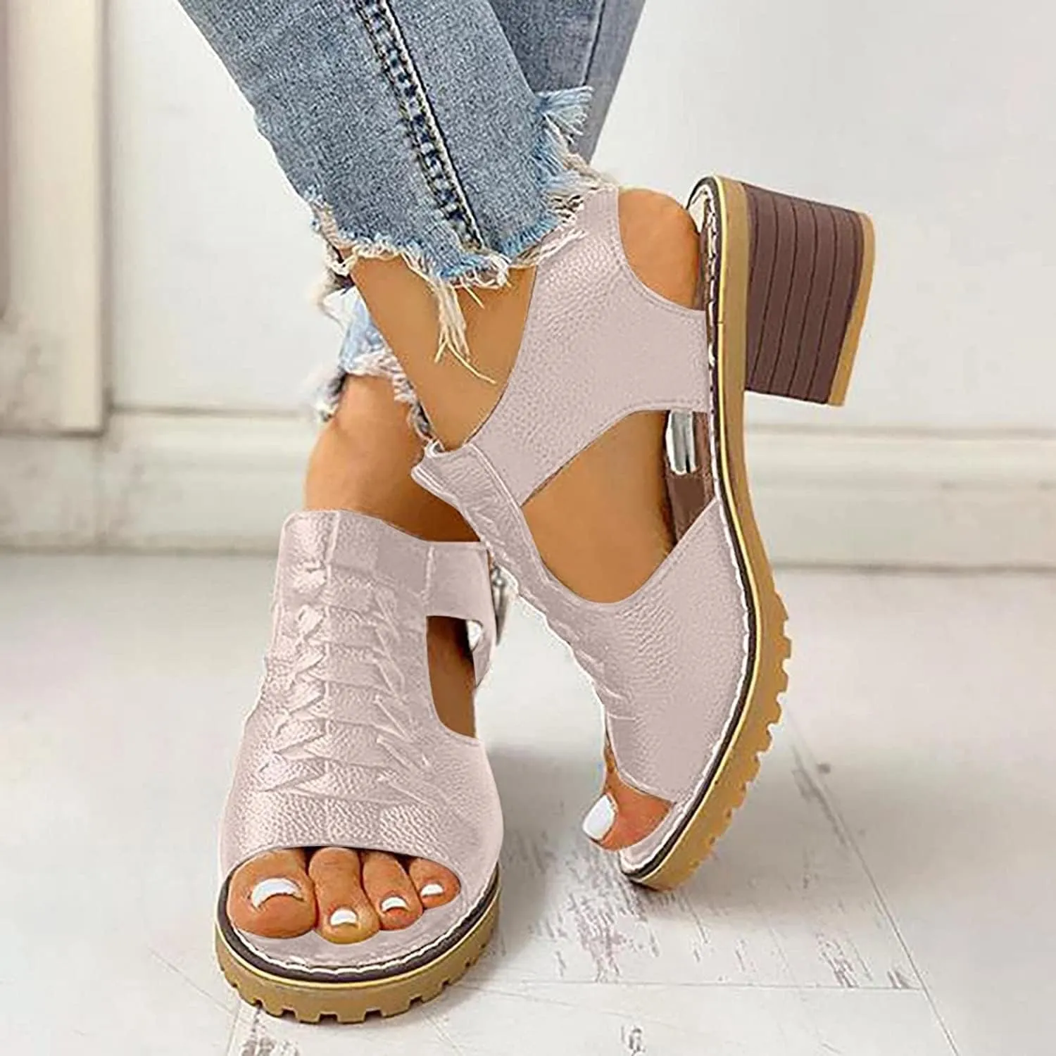 FETNHU Libiyi Peep Toe Cutout Zipper Chunky Heeled Sandals, Women's Shoeshome Comfy Orthotic Sandals, Breathable Fish Mouth Outdoor Casual Beach High Heels Sandal