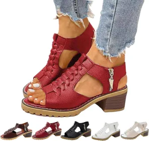 FETNHU Libiyi Peep Toe Cutout Zipper Chunky Heeled Sandals, Women's Shoeshome Comfy Orthotic Sandals, Breathable Fish Mouth Outdoor Casual Beach High Heels Sandal