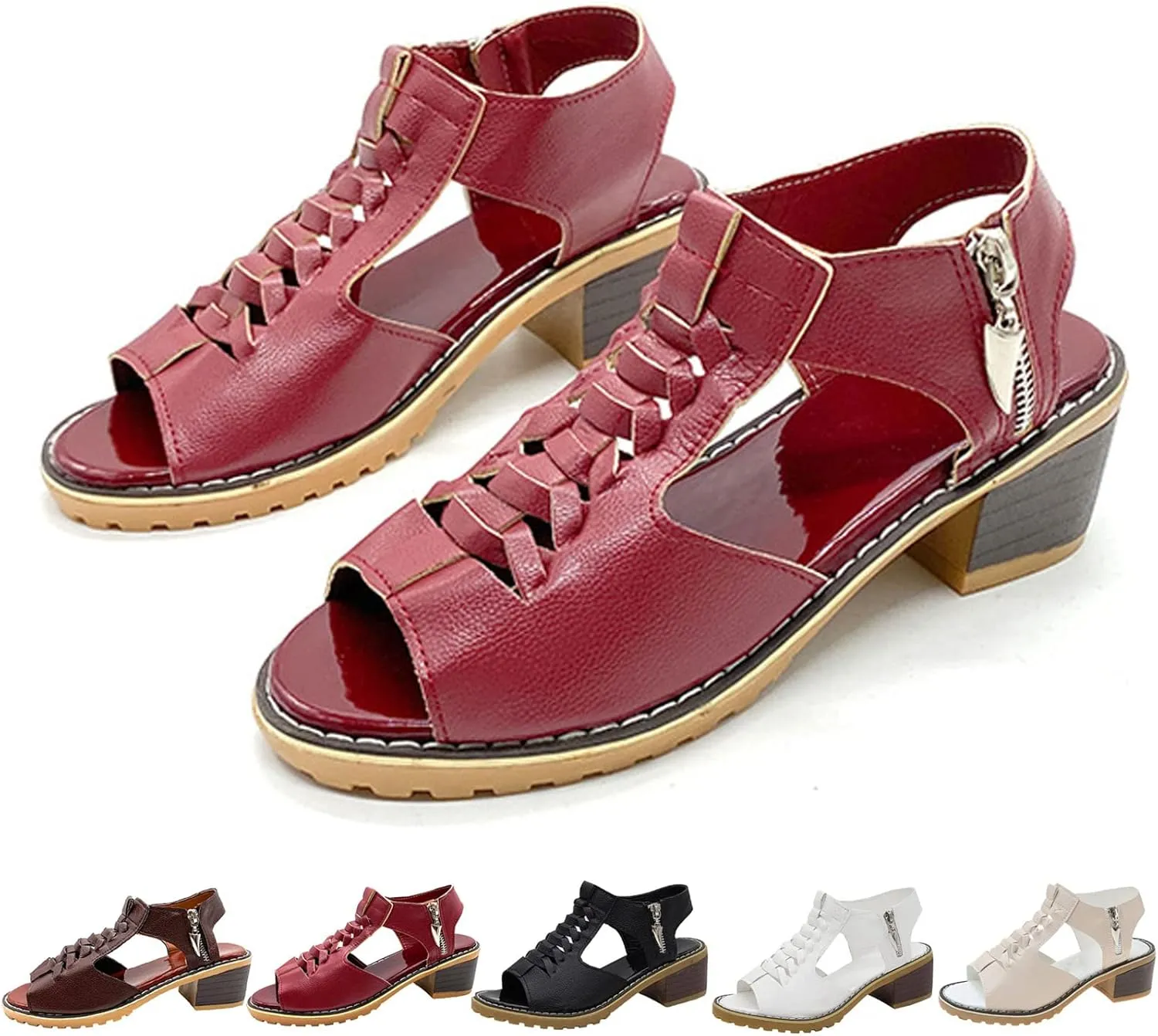 FETNHU Libiyi Peep Toe Cutout Zipper Chunky Heeled Sandals, Women's Shoeshome Comfy Orthotic Sandals, Breathable Fish Mouth Outdoor Casual Beach High Heels Sandal