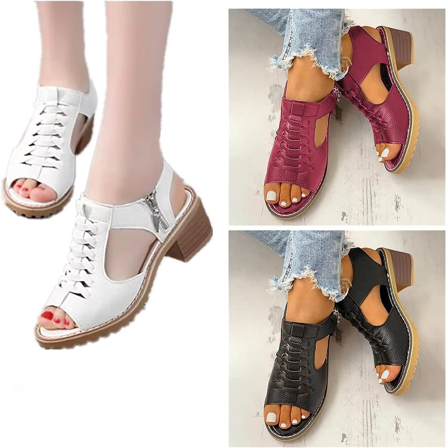 FETNHU Libiyi Peep Toe Cutout Zipper Chunky Heeled Sandals, Women's Shoeshome Comfy Orthotic Sandals, Breathable Fish Mouth Outdoor Casual Beach High Heels Sandal