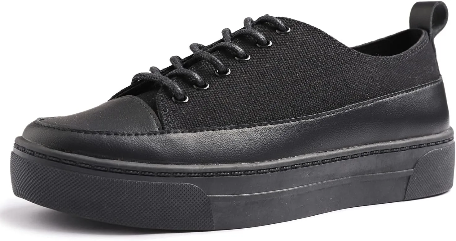 FEVERSOLE Women's Canvas Vegan Leather Lightweight Platform Lace-Up Street Sneakers Black Canvas PU Platform Size 8.5 M US