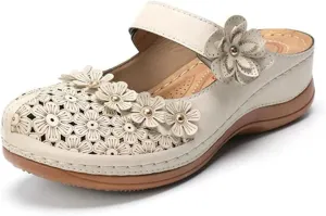 FFMA Sandals for Women Summer Comfortable Platform Sandals Flower Solid Round Head Closed Toe Hollow Out Breathable Slip-on Casual Shoes Summer Lightweight Wedge Sandalias