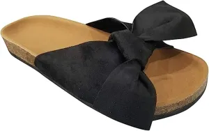 FFMA Sandals for Women Wide Width Slide Sandals Ladies Dressy Summer Casual Cute Bow Tie Knot On Top Strap Comfy Slip On Cork Foot Bed