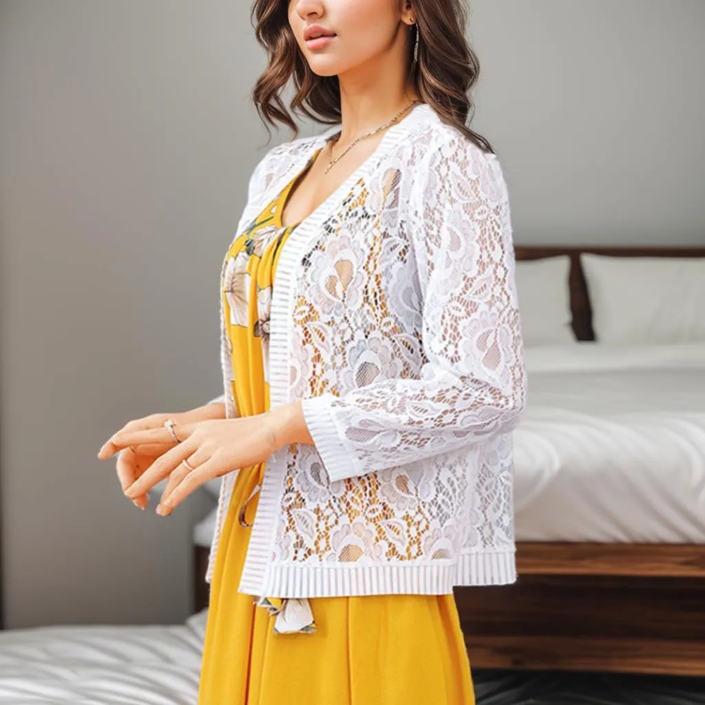 FindThy Women’s Open Front Lace Cardigan Long Sleeve Floral Crochet Summer Shrug Cover Ups